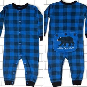 🐻 6-12m Baby Boys Little Blue House by Hatley Blue Buffalo Check Coverall Bear